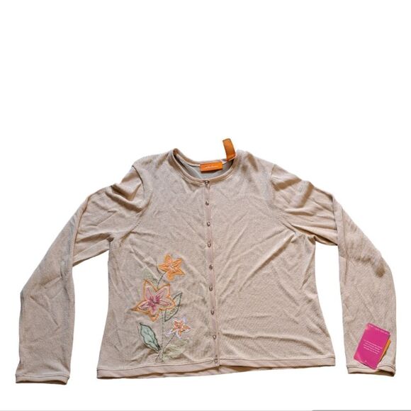 Vintage Intuitions Y2K Button Down Floral Stitch Lawn Party Cardigan XL Tan NWT - Picture 13 of 13